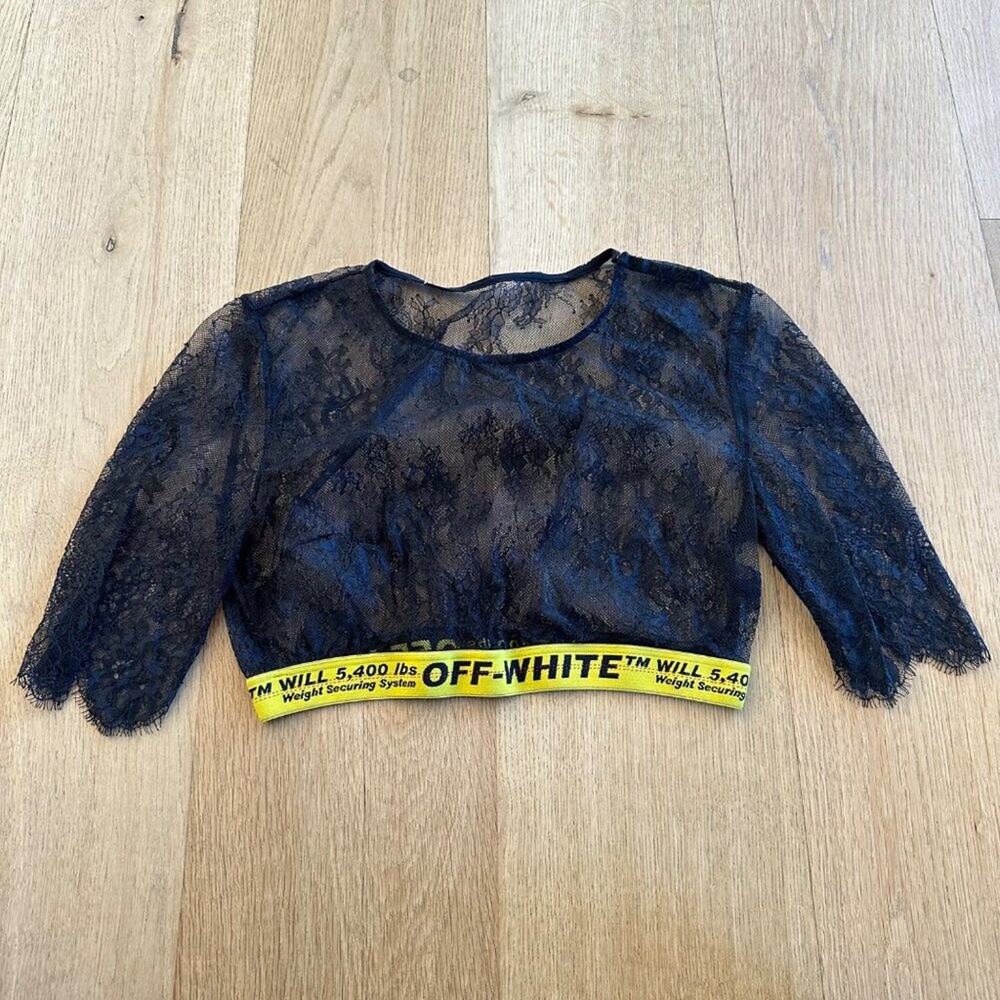 Off White Floral Lace Crop Top in Black & Yellow